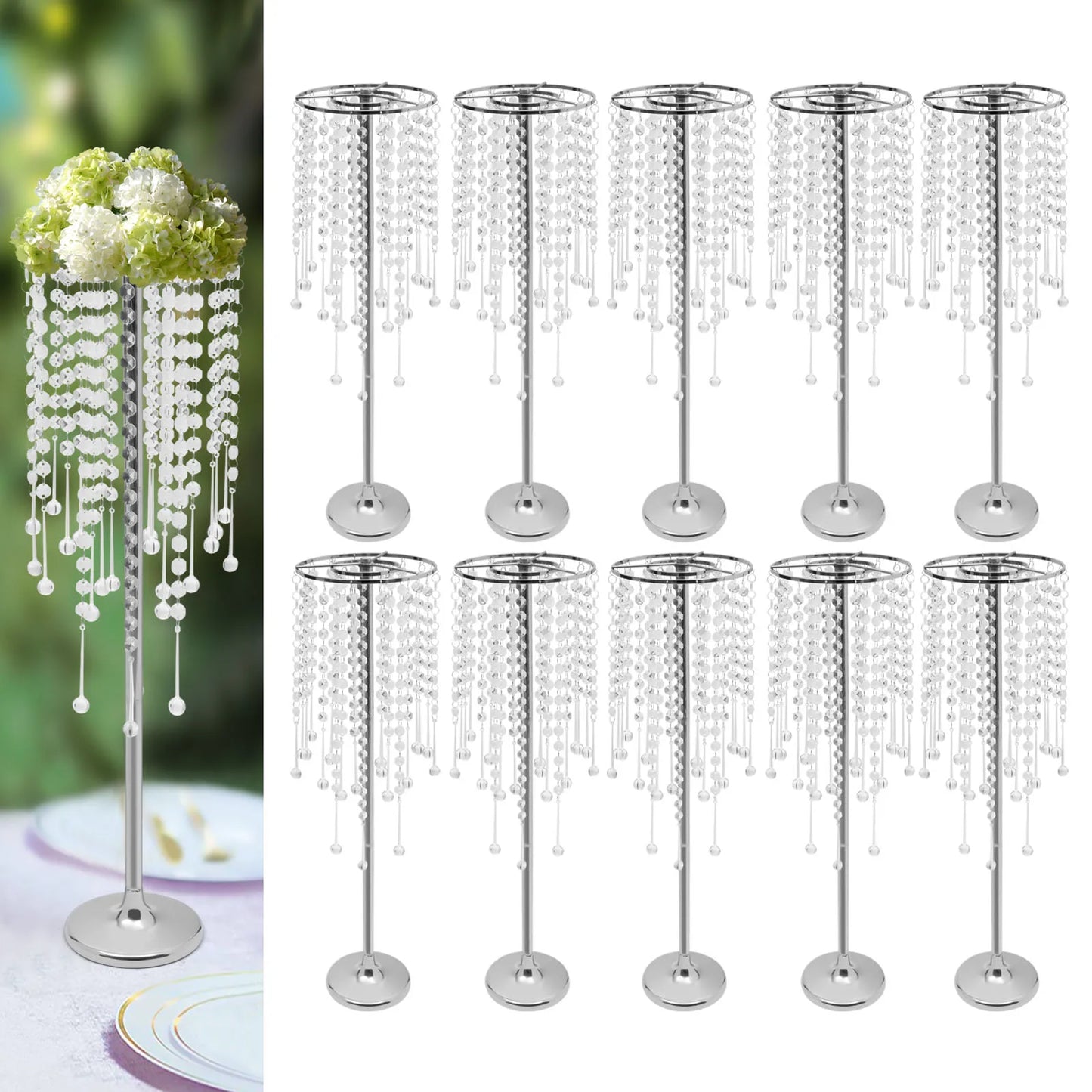 10 Pieces Crystal Silver Flower Stand Large Flower Stand Wedding Decor Table Centerpieces Home Decor 75cm Height