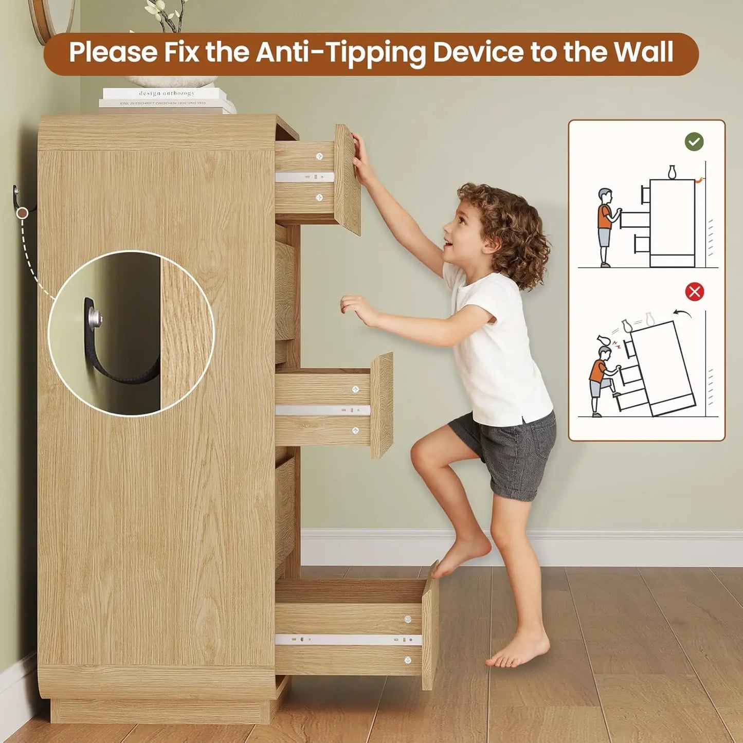 Tall Dresser for Bedroom, 5 Drawer Vertical Dresser w/Curved Profile Design