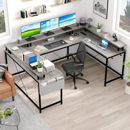 U Shaped Gaming Desk with Monitor Stand, Storage Shelves, and 2 Power Outlet Adjustable With RGB Color LED Light