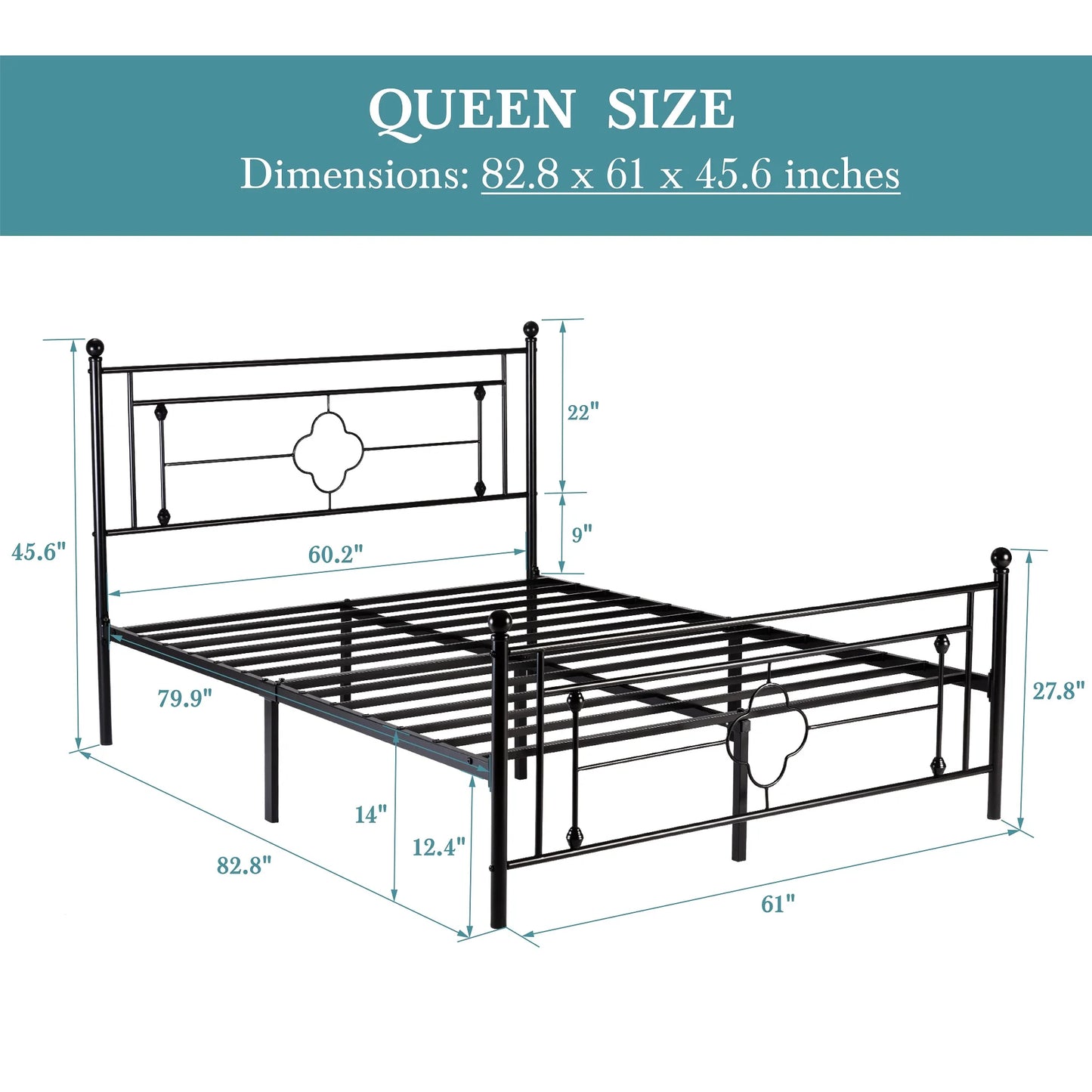 Metal Platform Bed Frame, Vintage Victorian Style, Wrought Iron Headboard and Footboard