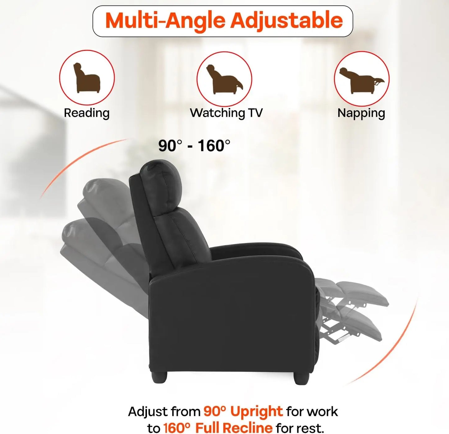 Massage Recliner Sofa with Lumbar Support and Adjustable Backrest for Living Room or Bedroom in Black Leather