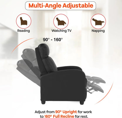 Massage Recliner Sofa with Lumbar Support and Adjustable Backrest for Living Room or Bedroom in Black Leather