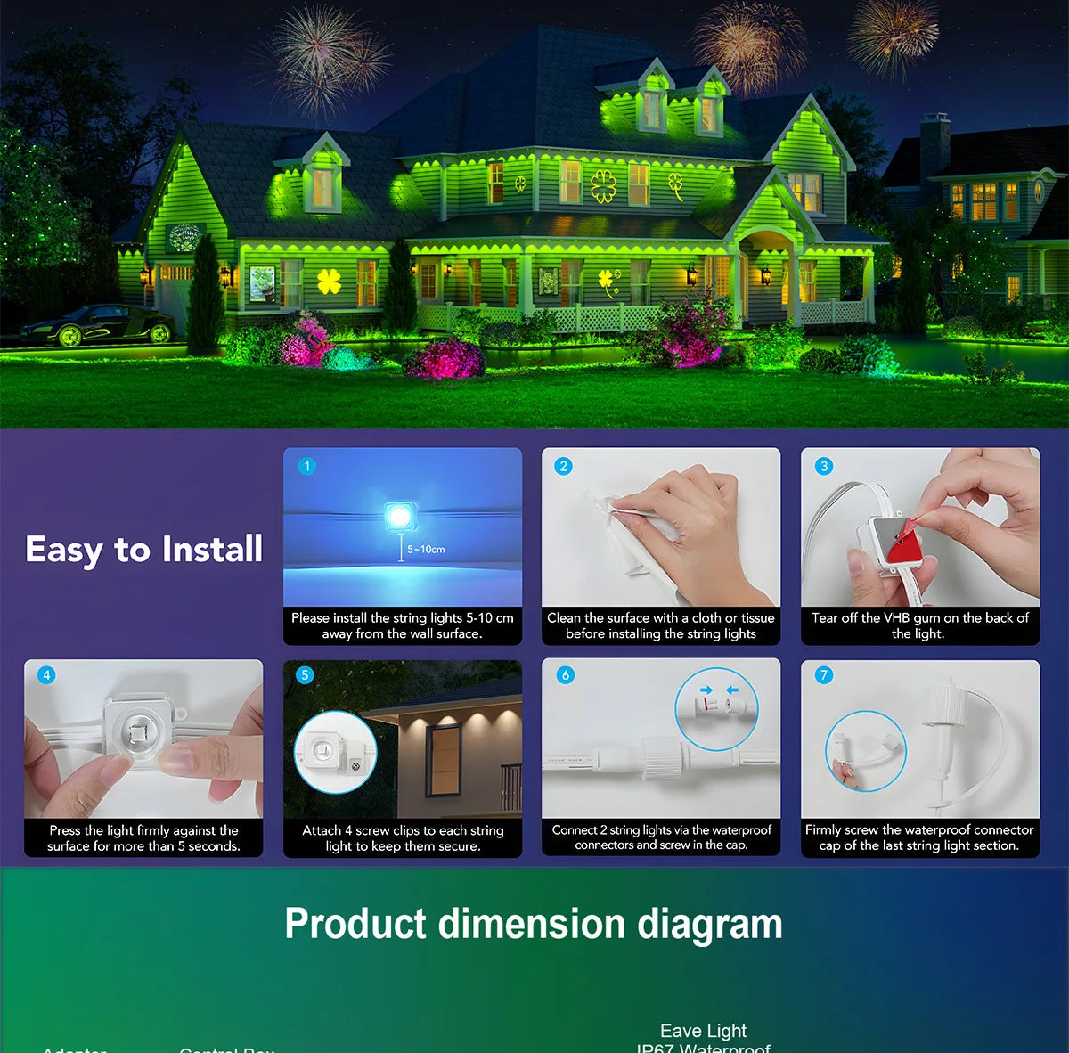 Permanent Outdoor LED Light String Strip for Your Eaves APP Smart Control, DlY Auto Scene Lighting Effects