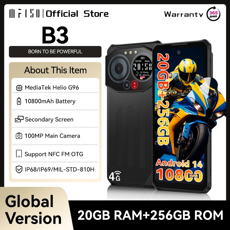 Rugged Phone Dual Display 20GB RAM 256GB ROM 100MP Camera Ultra-Thin Rugged Smartphone 10800mAh G96 Android 14