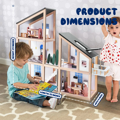 Large Wooden Dollhouse Kit with Realistic Furniture Design