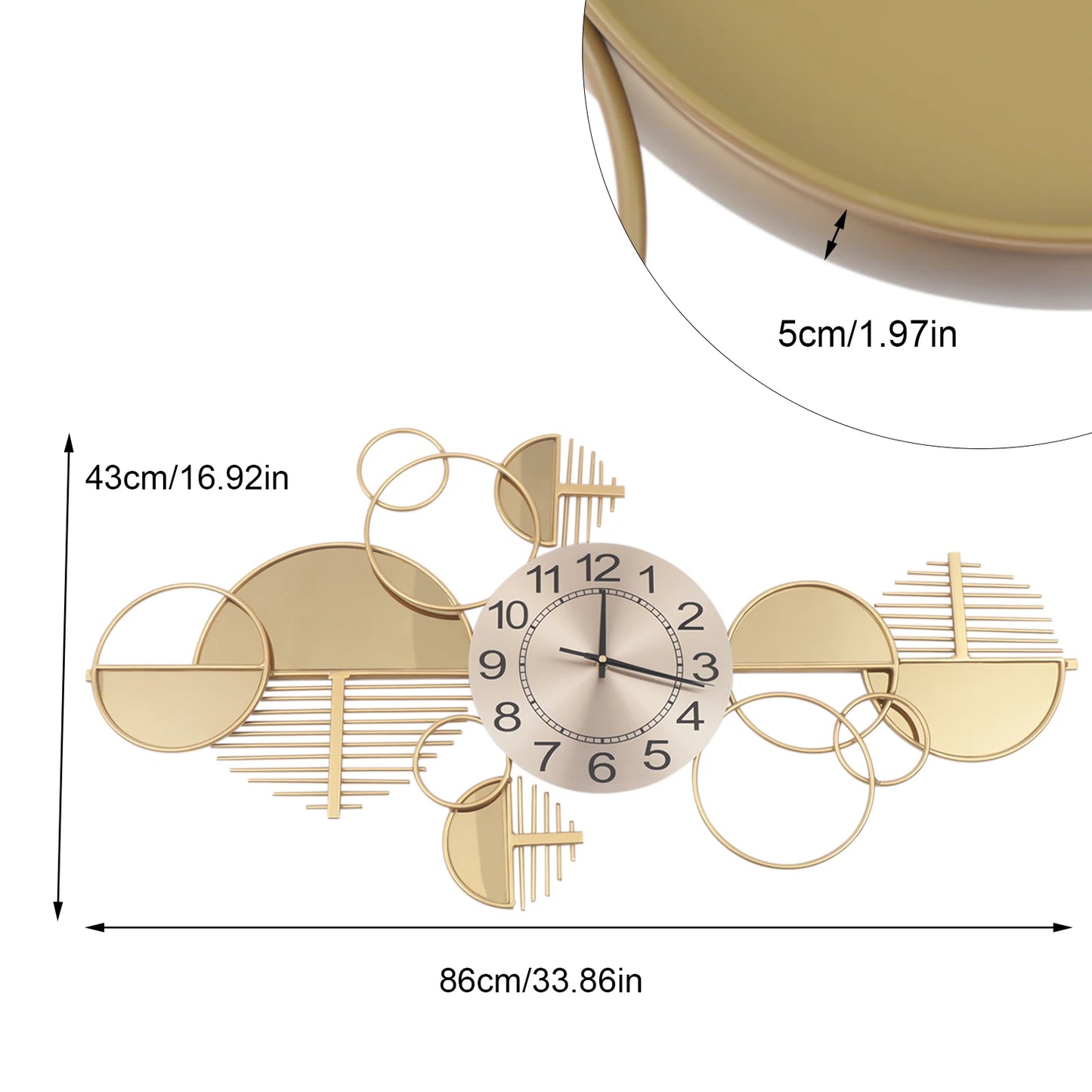 Creative Modern Metal Wall Clock, for Living Room, Bedroom, Gold
