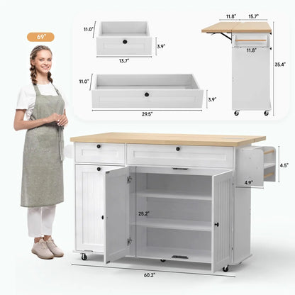 60 inch Mobile Kitchen Island, Rolling Trolley.  Drop Leaf Table Home Cart with Power Outlet, Spice, Towel Rack and Trash Bin