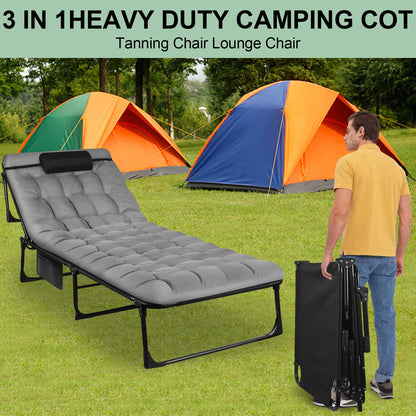 Portable Folding Camping Cot - 3-Position Adjustable Reclining Lounge Chair with Pillow, Outdoor Sleeping Bed