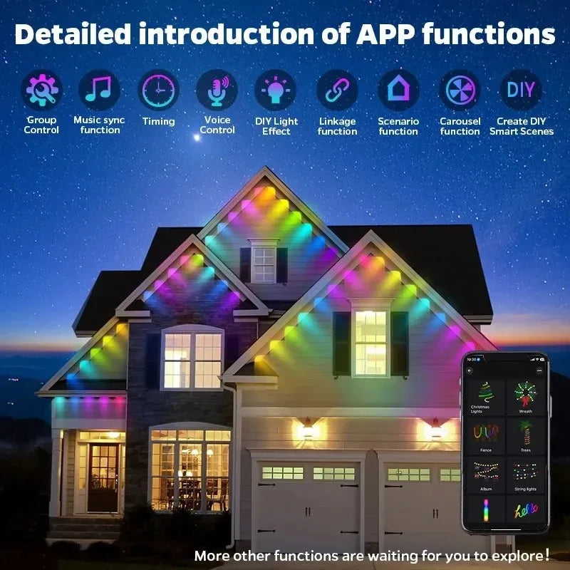 Permanent Outdoor LED Light String Strip for Your Eaves APP Smart Control, DlY Auto Scene Lighting Effects