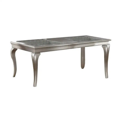 7pc Rect. Glass Dining Table Set w/ Silver Hue & 6 Tufted Side Chairs for Dining Room