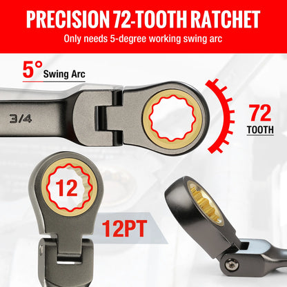 8pcs Flex-Head Ratcheting Combination Wrench Set SAE 5/16-3/4 in