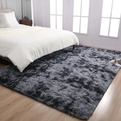 Soft Area Non-Slip Rugs for Living Room; Thick Plush Carpets Tie-Dyed Dark Gray Fluffy Artificial Velvet Soft Carpets