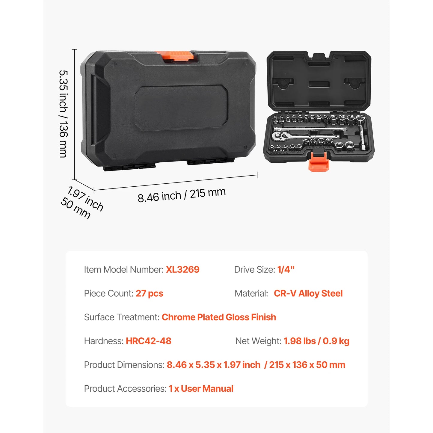 Socket Set 86 Pieces 1/4," 3/8," and 1/2inch SAE and Metric Socket and Ratchet Set