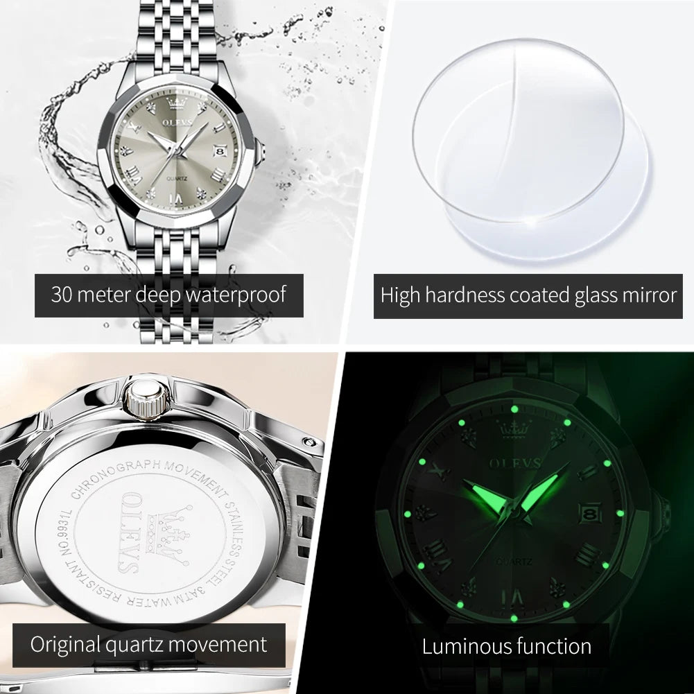 Ladies Waterproof Stainless Steel Luminous Dial and Date Quartz Watch