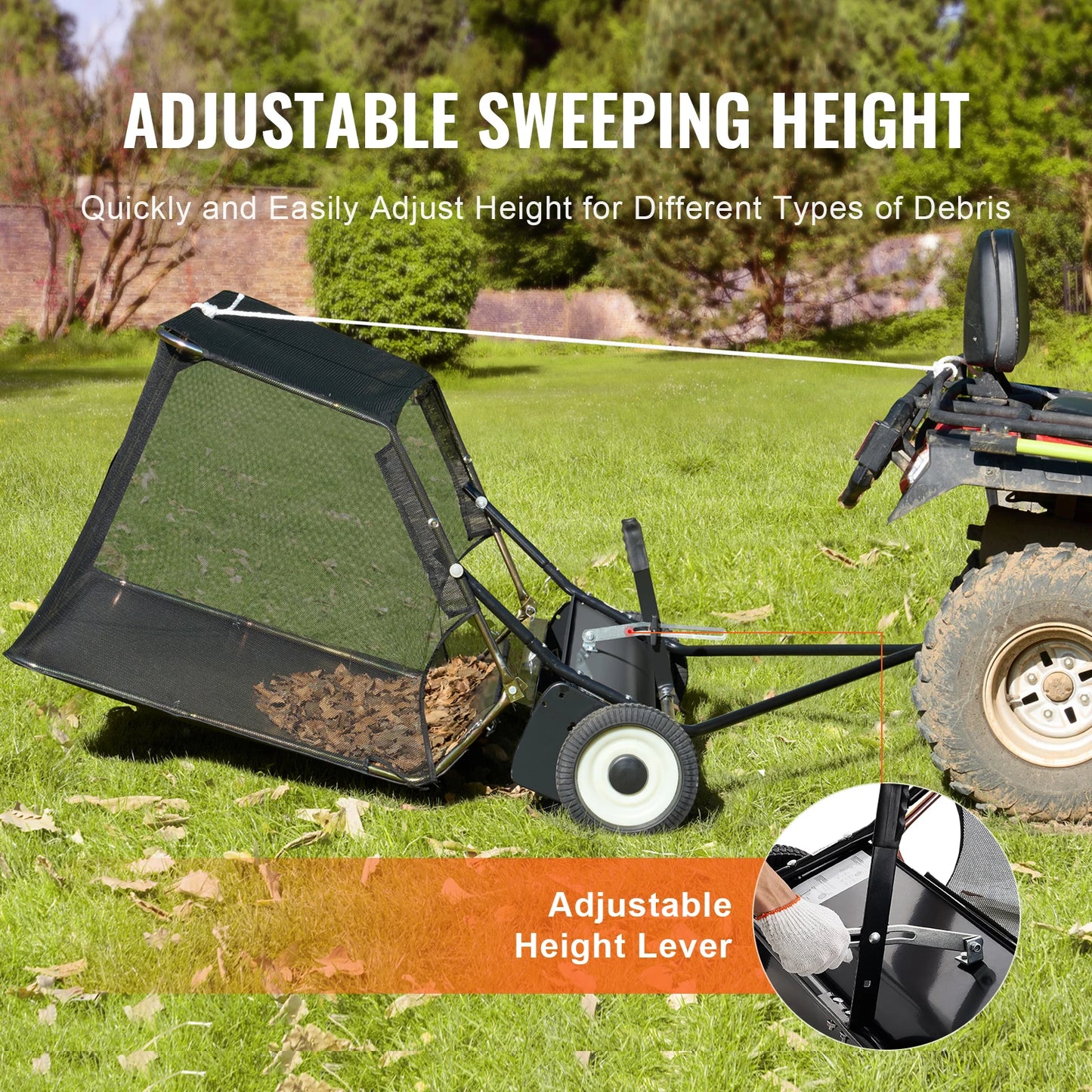 SucceBuy 42-inch Lawn Sweeper Tow Behind 12 cu.ft. Heavy Duty Leaf Grass Collector Adjustable Height for Picking Up Debris Grass