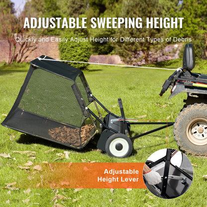 SucceBuy 42-inch Lawn Sweeper Tow Behind 12 cu.ft. Heavy Duty Leaf Grass Collector Adjustable Height for Picking Up Debris Grass