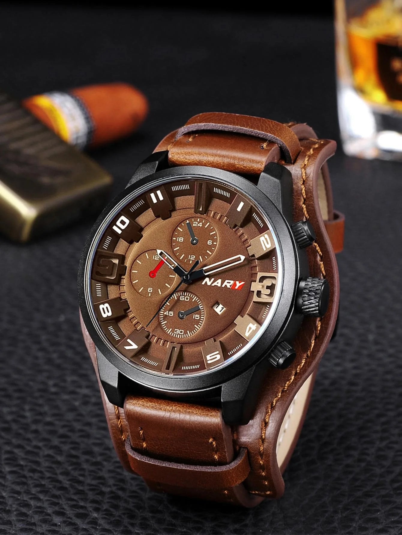 Men's Brown Round Dial Quartz Watch with PU Leather Strap