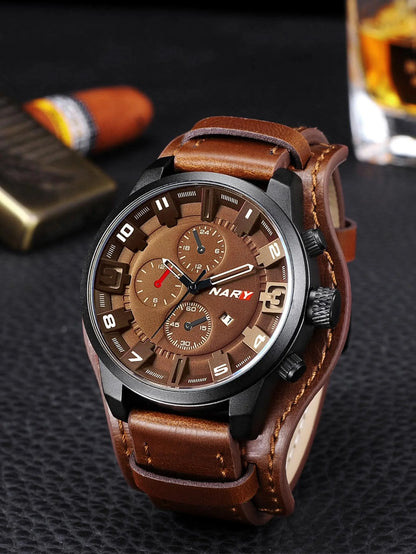 Men's Brown Round Dial Quartz Watch with PU Leather Strap