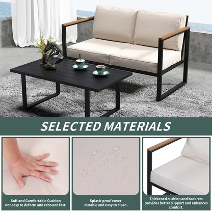 Outdoor Patio 4-Piece Set, Metal Conversation Sofa With Washable Cushions, 2 Chairs & Coffee Table For Garden Balcony