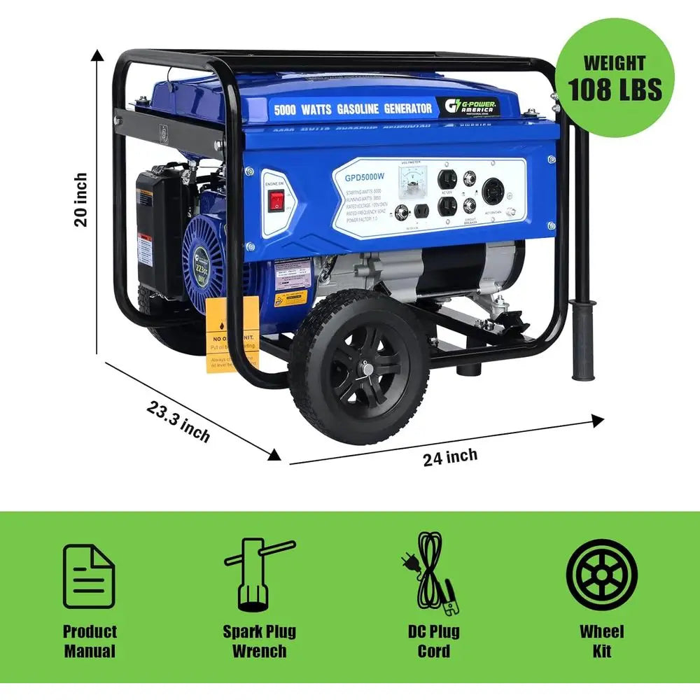 5000W Portable Gas Generator - Manual Start, Ideal for Backup Power, Home, Job Sites, Camping, EPA Approved