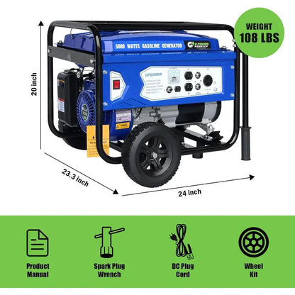 5000W Portable Gas Generator - Manual Start, Ideal for Backup Power, Home, Job Sites, Camping, EPA Approved