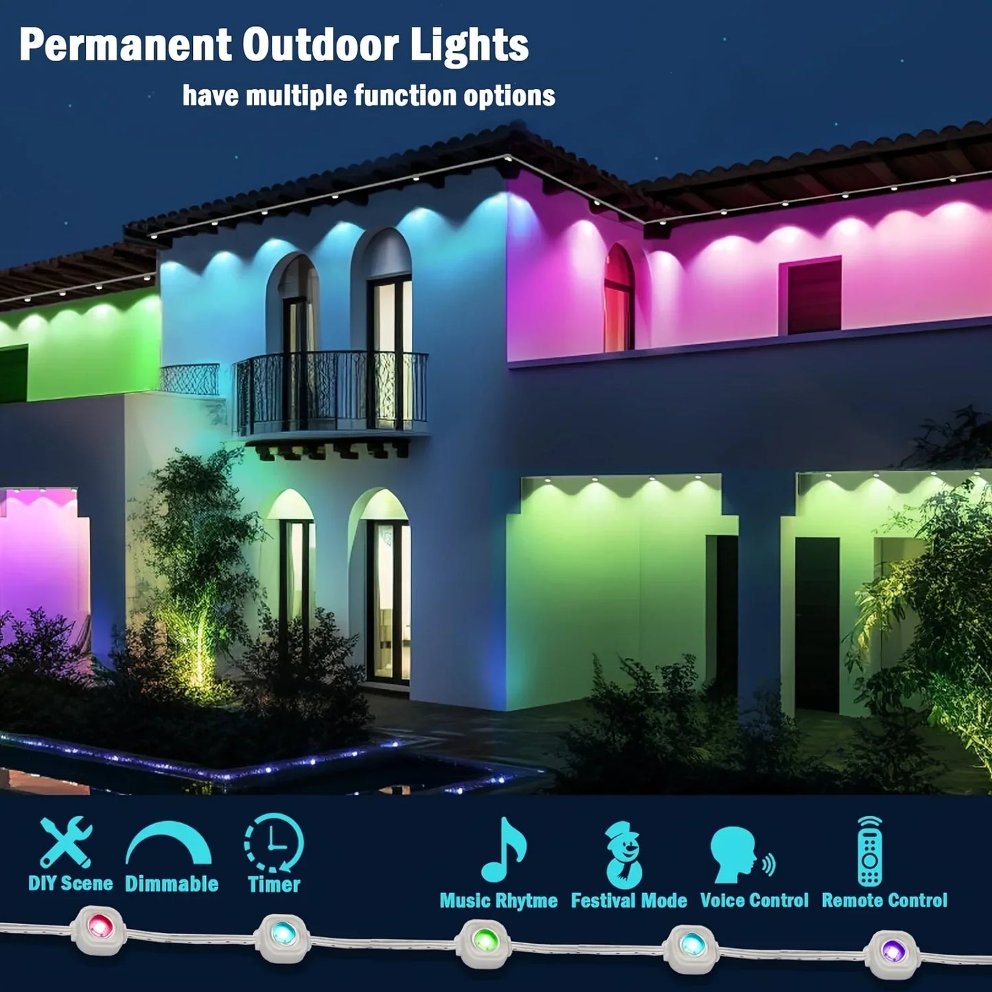 Permanent Outdoor LED Light String Strip for Your Eaves APP Smart Control, DlY Auto Scene Lighting Effects