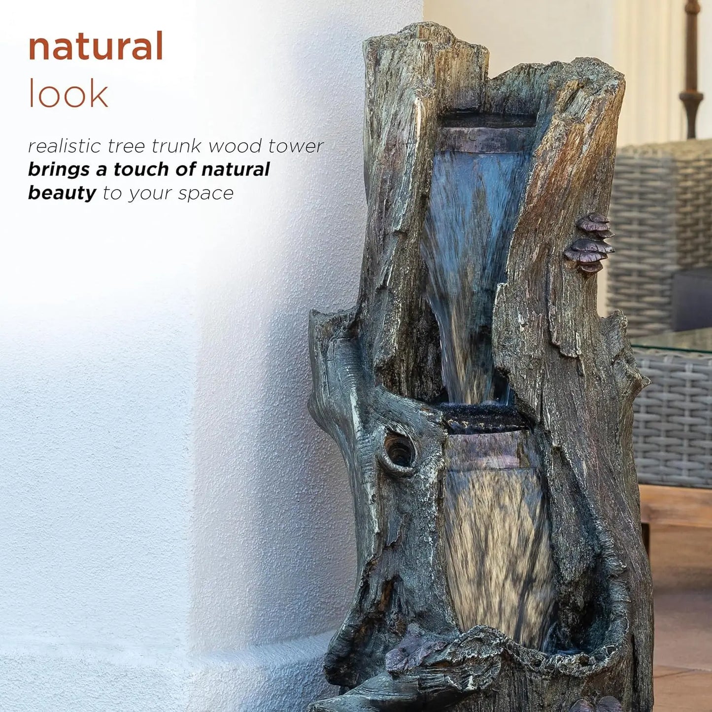 Outdoor Rainforest Tree Trunk Waterfall Floor Fountain with LED Lights, Garden Décor, 41" H, Brown
