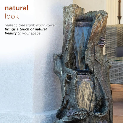 Outdoor Rainforest Tree Trunk Waterfall Floor Fountain with LED Lights, Garden Décor, 41" H, Brown