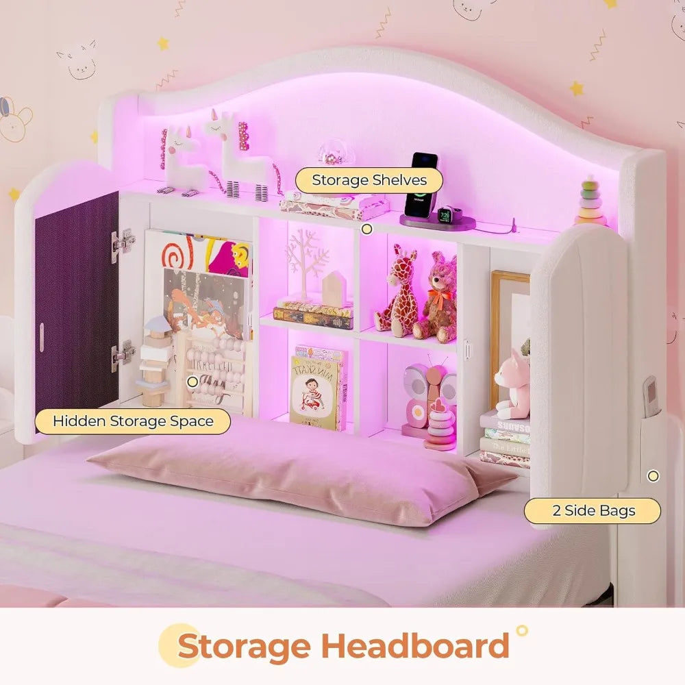 Girls Twin Size Bed Frame with 4 Drawers for Hidden Storage and Headboard