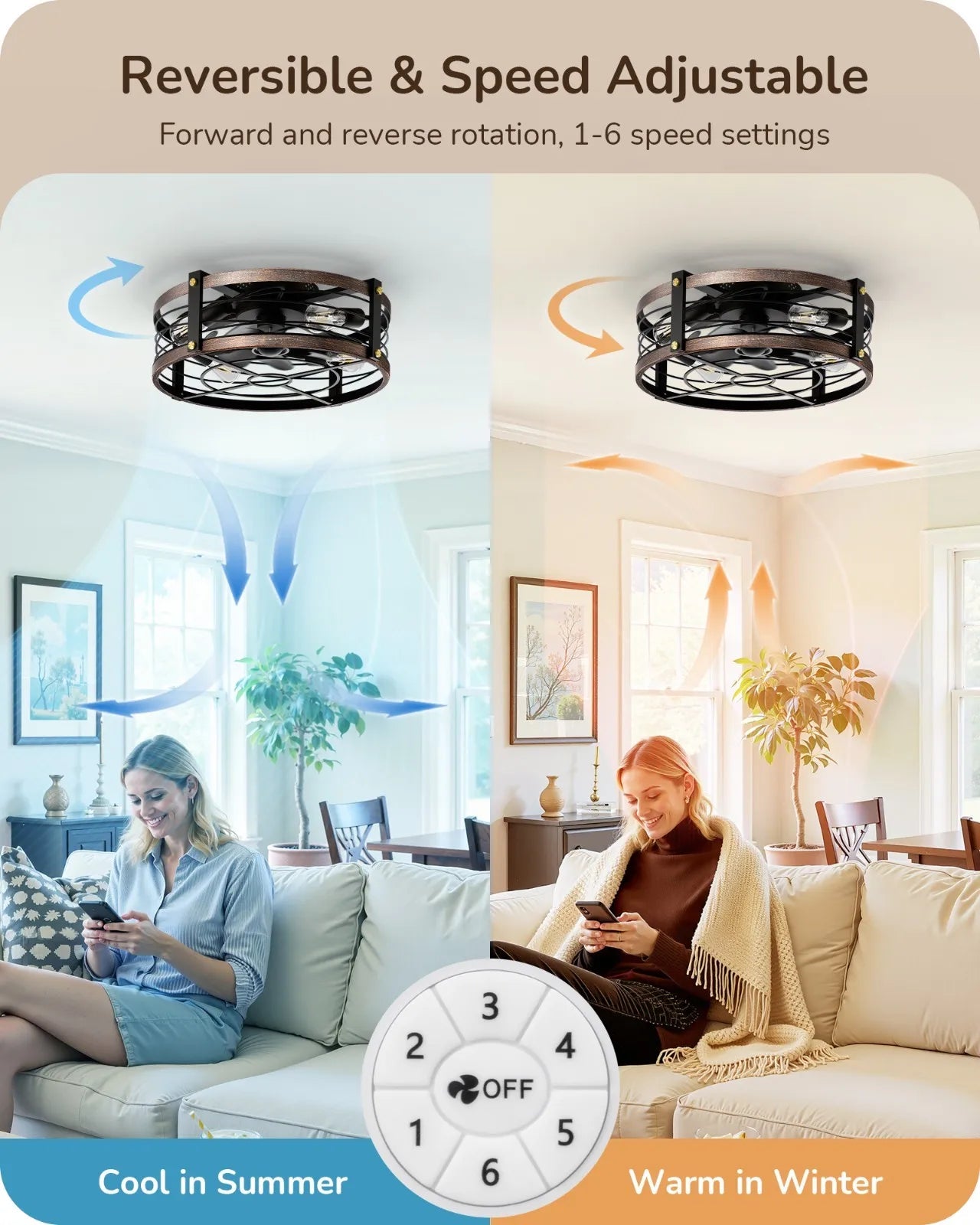 Quiet DC Motor Ceiling Fan with Dimmable Light Remote Brushed Gold