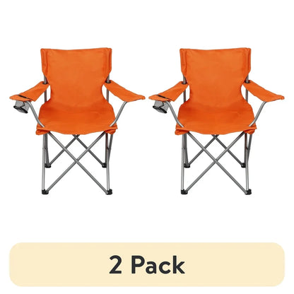 Folding Camp Chairs with Cup Holder, (2 Pack ),  Portable Quad Frame Durable Outdoor Seating Tailgating Camping Sports Events