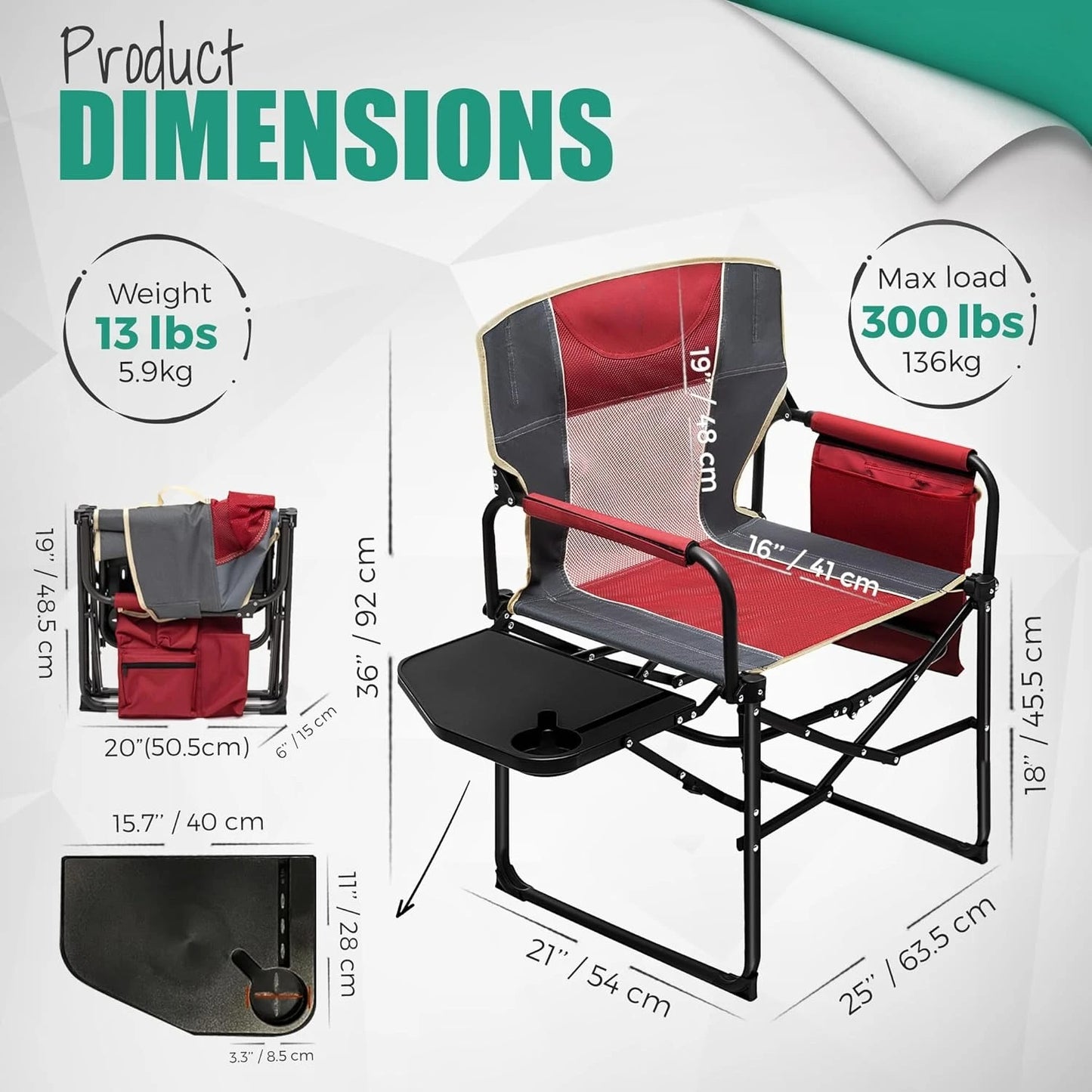 Camping Directors Chair, Heavy Duty, Outdoor Portable Folding Chair with Side Table