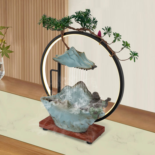 Tabletop Ceramic Fountain With Lights and Pump Free Standing 35*13*37cm for Living Room, or Office