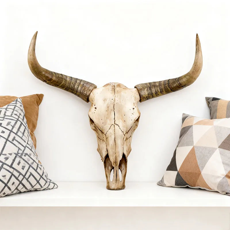 Long Horn Bull Skull Decor with Curved Horns and Natural Bone for Western Rustic Wall Art Interior Design
