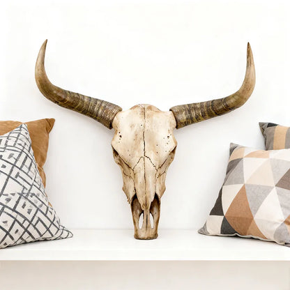 Long Horn Bull Skull Decor with Curved Horns and Natural Bone for Western Rustic Wall Art Interior Design