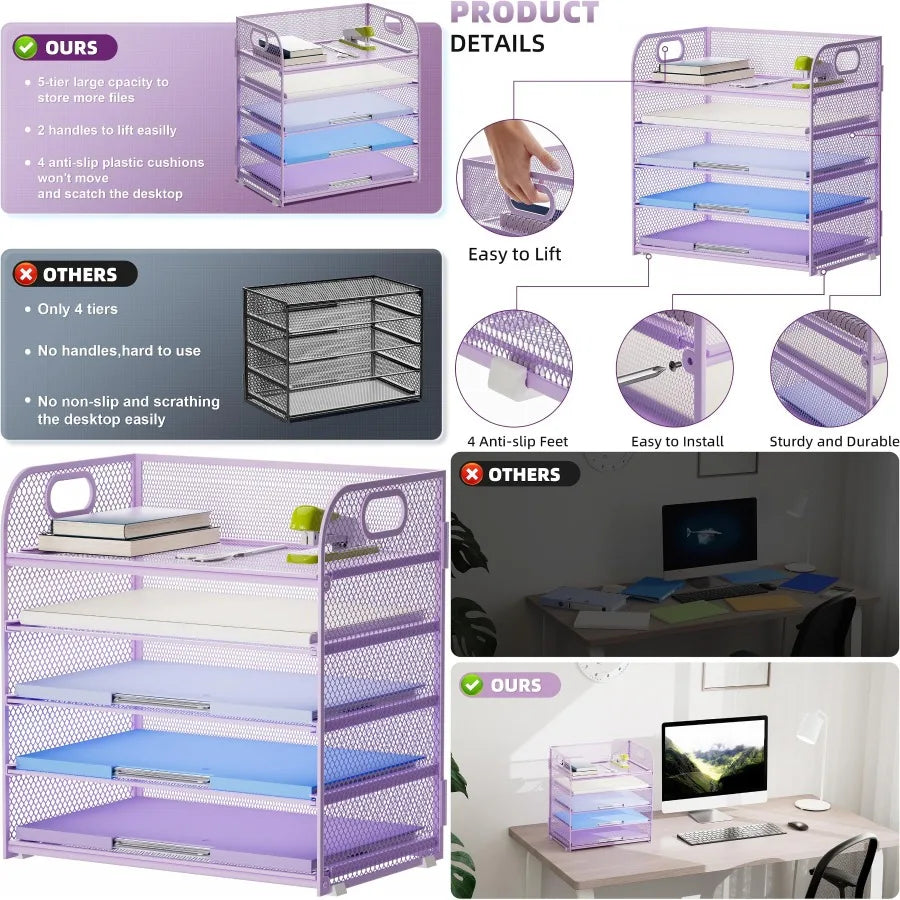 5-Tier Mesh Paper Organizer with Handle for Home Office