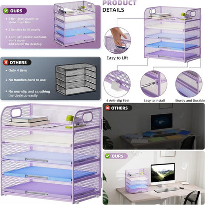5-Tier Mesh Paper Organizer with Handle for Home Office
