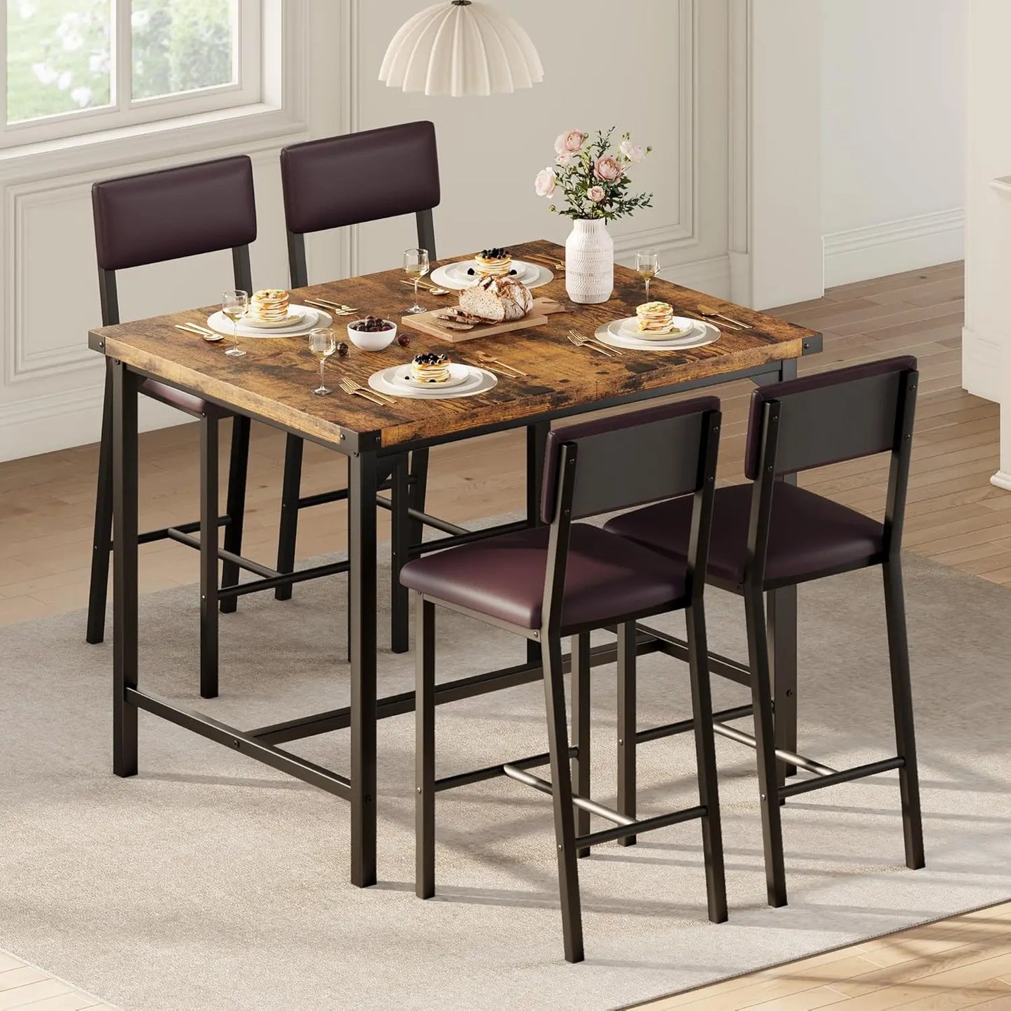 5-Piece Dining Table Set, Bar Table Set with 4 Upholstered Chairs for Pub, Dining Room, Kitchen