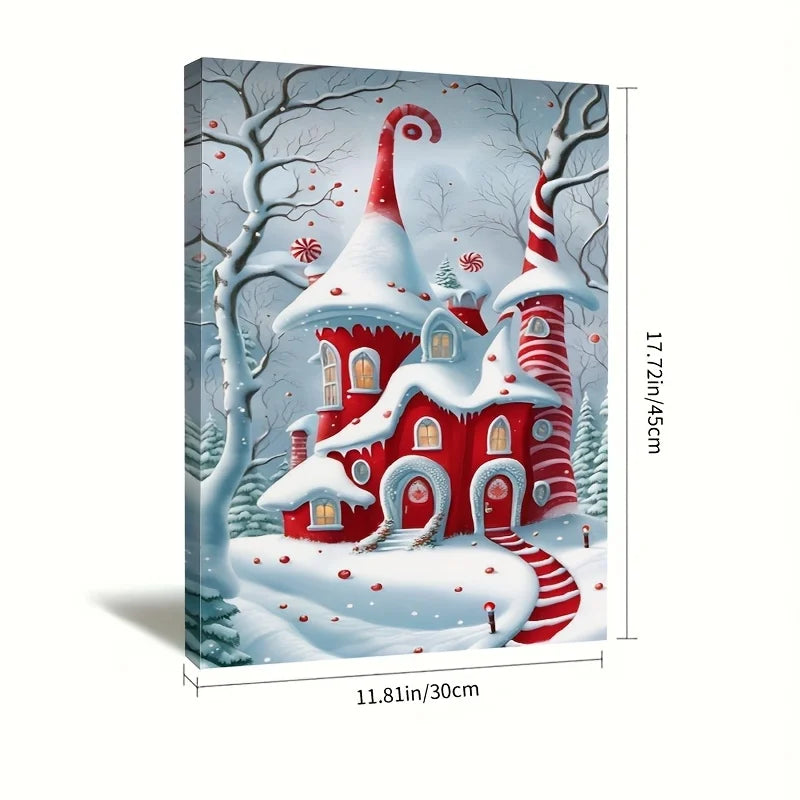 Candy Cane Castle & Bright Red-Blue Snow Scene | Solid Wood Pine Framed Oil Painting | Festive Decor for Living Room