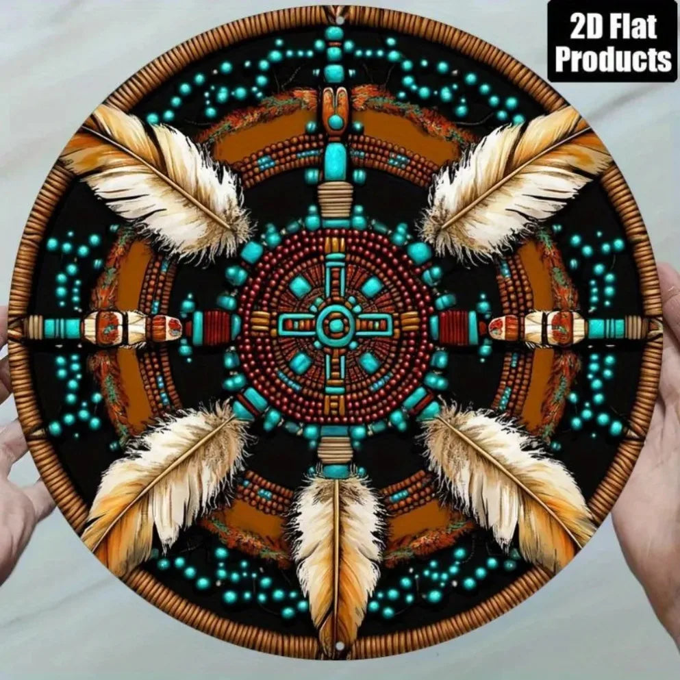Native American-Themed 2D Flat Circular Aluminum Wall Plaque – 8x8 Inch Vibrant Tribal Design | Turquoise, Orange, & Brown