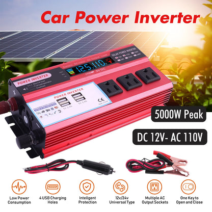 5000W Car Power Inverter Pure Sine Wave DC 12V To AC 110V Converter LCD Screen Display Portable Household
