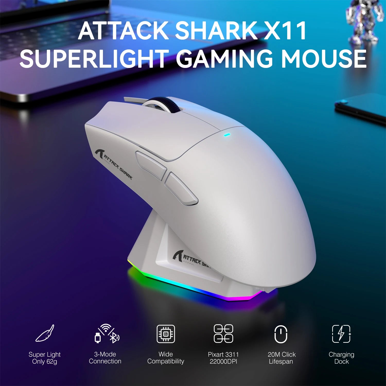 ATTACK SHARK X11 Lightweight Wireless Gaming Mouse with RGB Backlight Charging, Up to 22K DPI