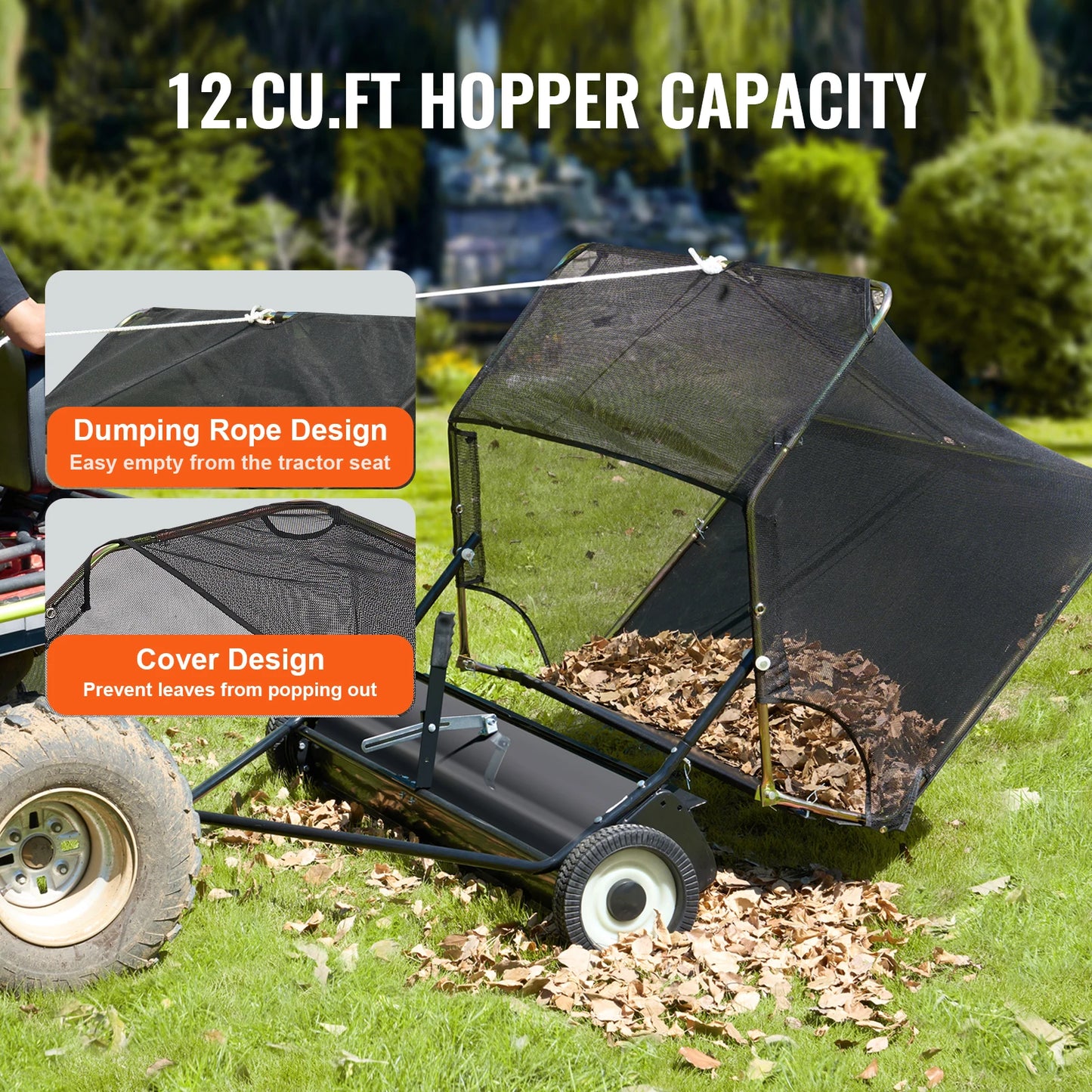 SucceBuy 42-inch Lawn Sweeper Tow Behind 12 cu.ft. Heavy Duty Leaf Grass Collector Adjustable Height for Picking Up Debris Grass