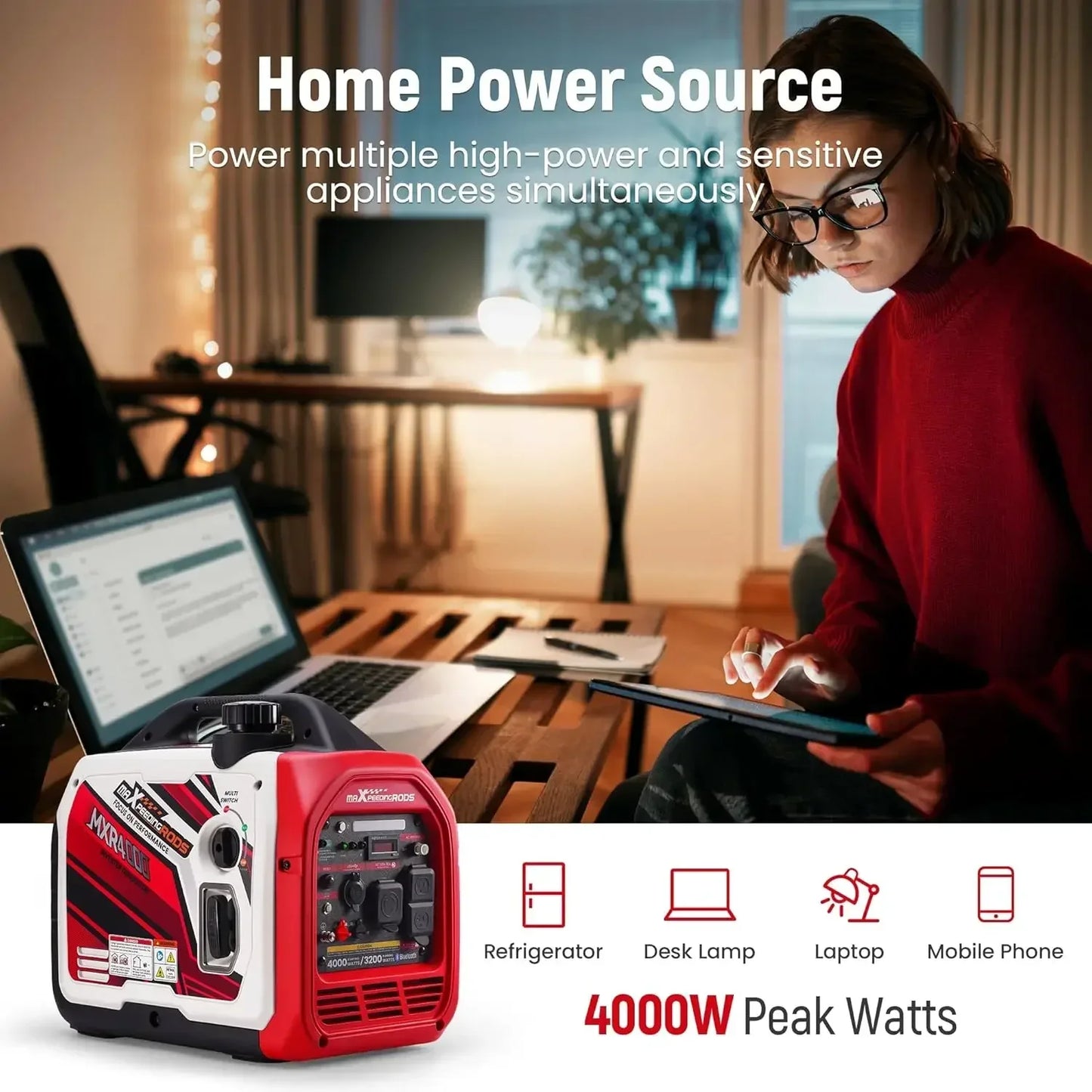 Home Backup-4000 Watt Inverter Generator With CO Alarm, RV Ready, Gas Powered, App Remote Data Monitor
