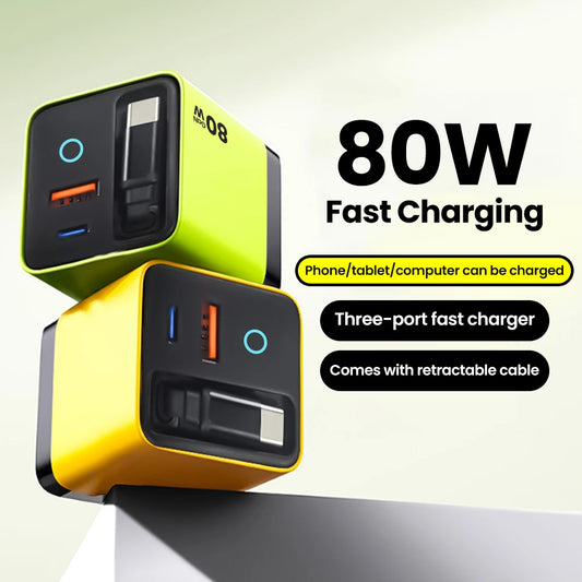 80W Super Fast Charge Type C USB Phone Charger With Telescopic USB C Cable For Iphone 16 15, Samsung, Laptop, With Light