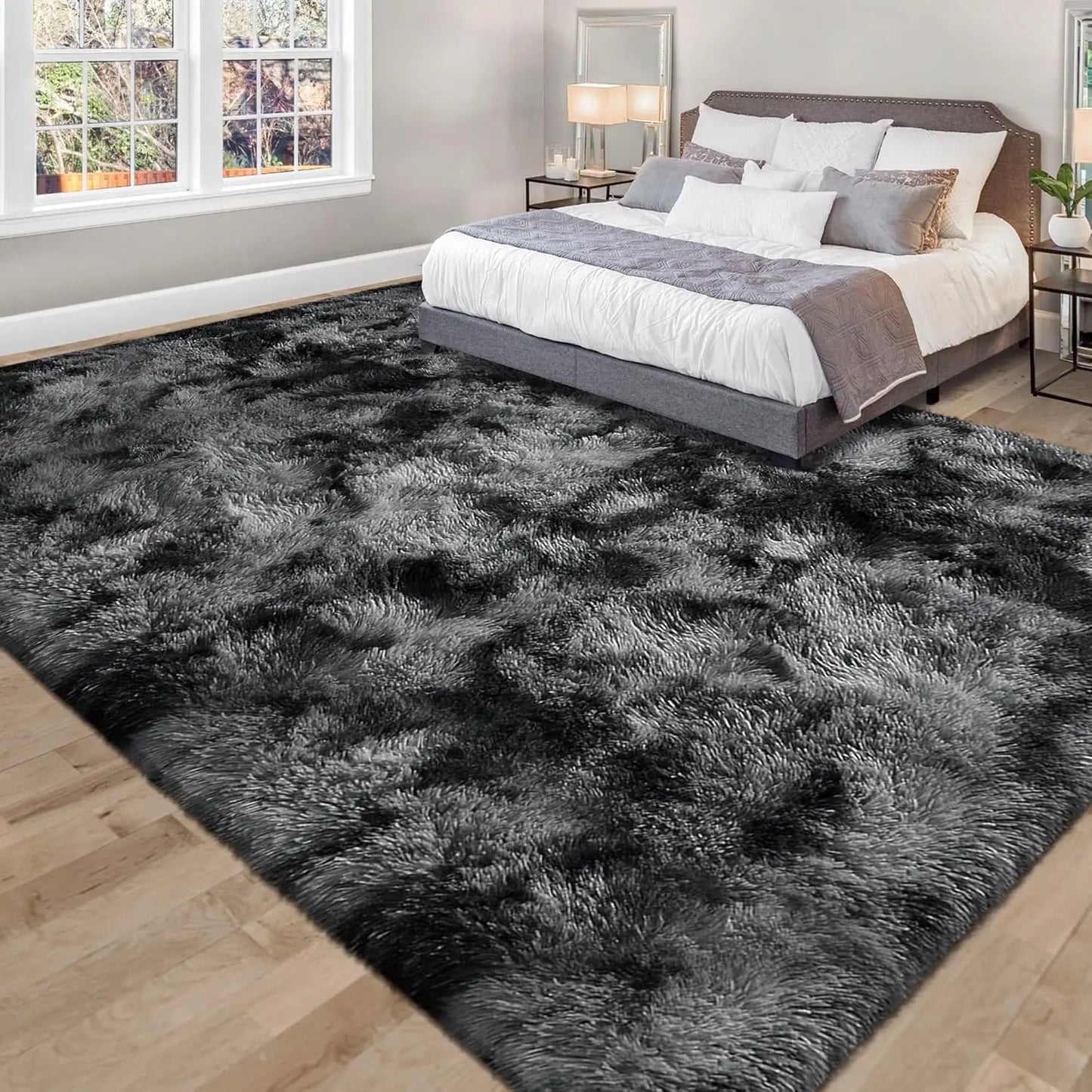 Soft Area Non-Slip Rugs for Living Room; Thick Plush Carpets Tie-Dyed Dark Gray Fluffy Artificial Velvet Soft Carpets