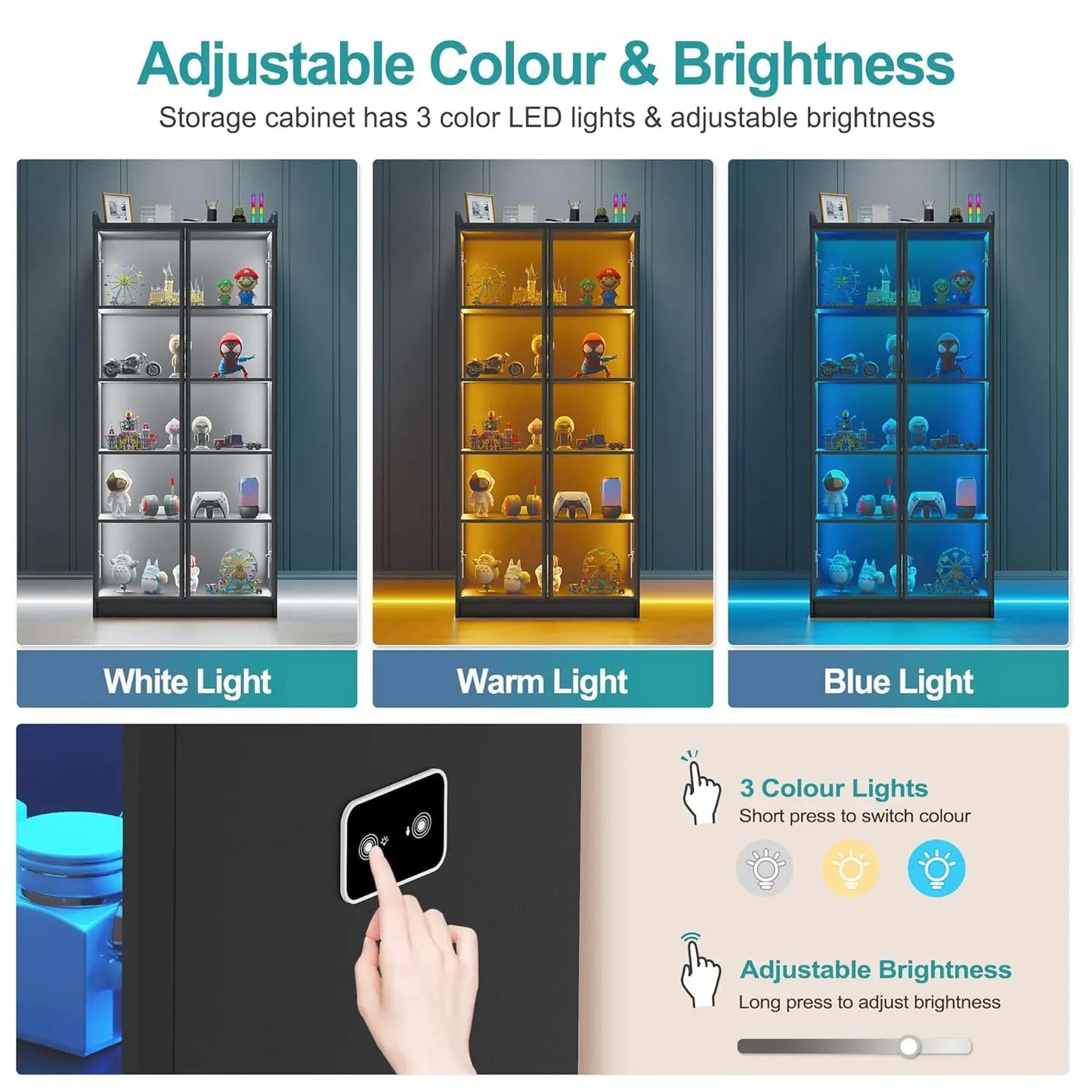 5 Tier Display Cabinet for Living Room, LED Bookcase with Human Body Induction Lights, 65” Tall Curio Cabinet