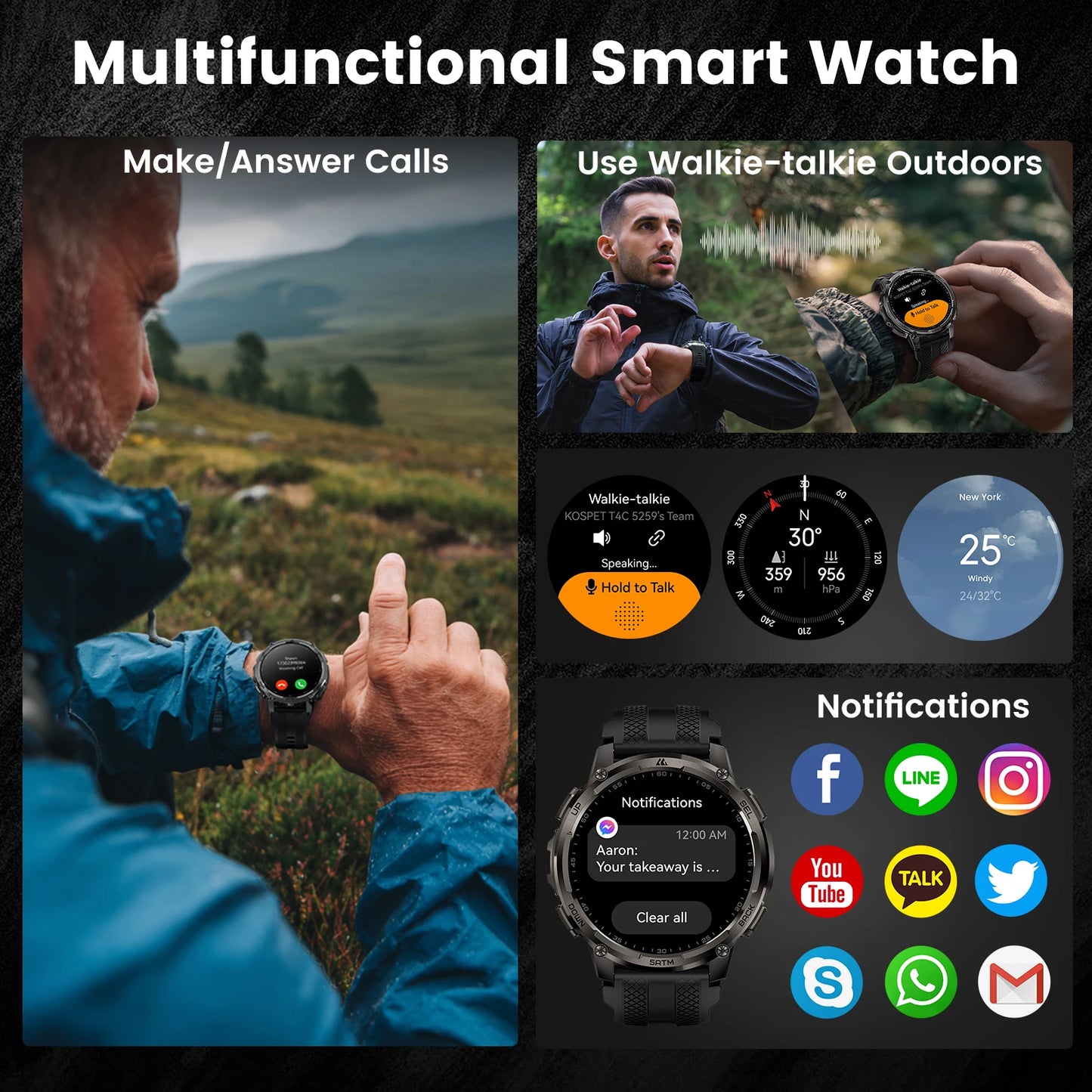 Men’s Smartwatch Outdoor Rugged Watch with Flashlight, Dual‑Band GPS, Fitness & Health Tracker