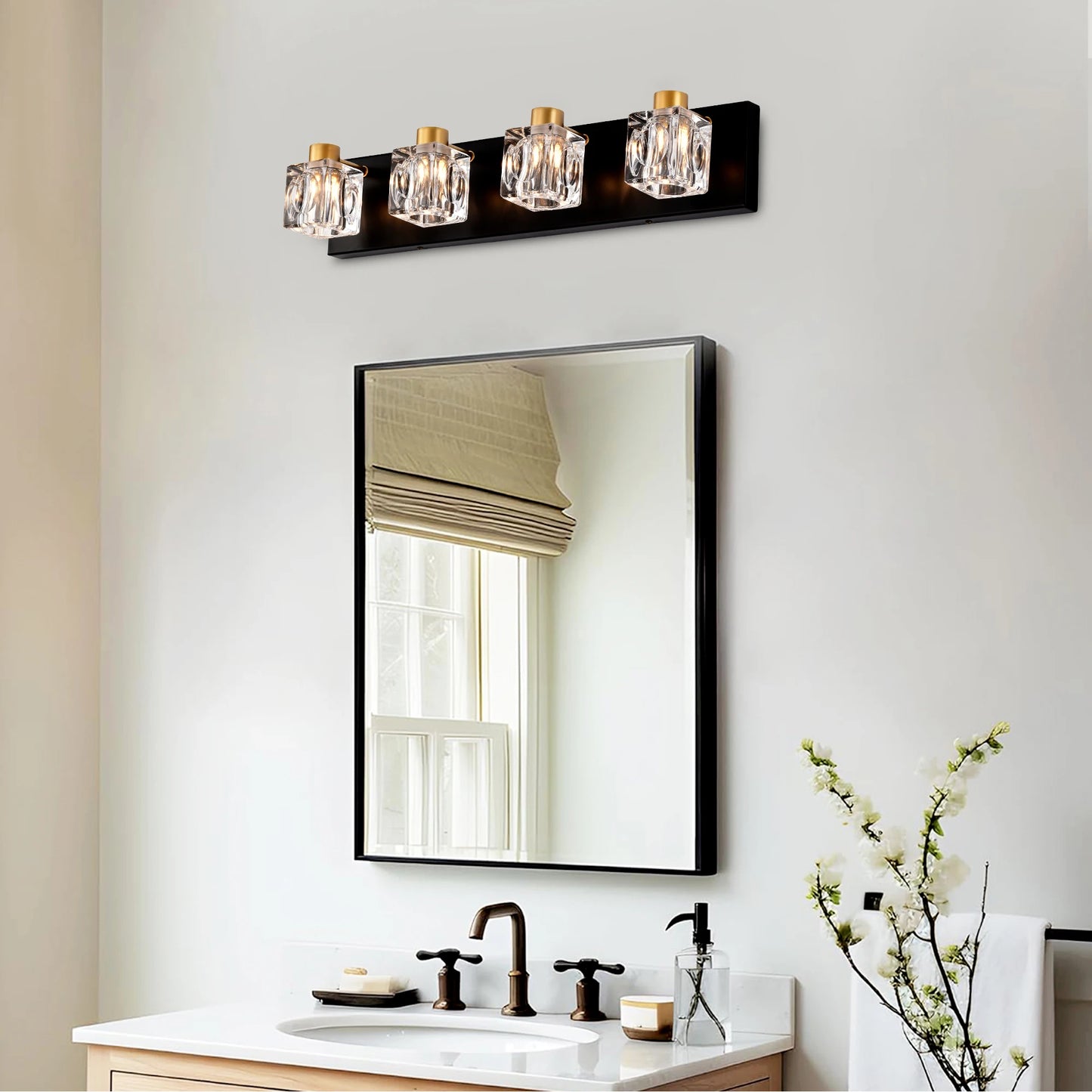 4-Light Matte Black + Gold Bathroom Light Fixtures, with Crystal Glass Shades