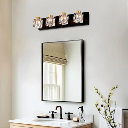 4-Light Matte Black + Gold Bathroom Light Fixtures, with Crystal Glass Shades